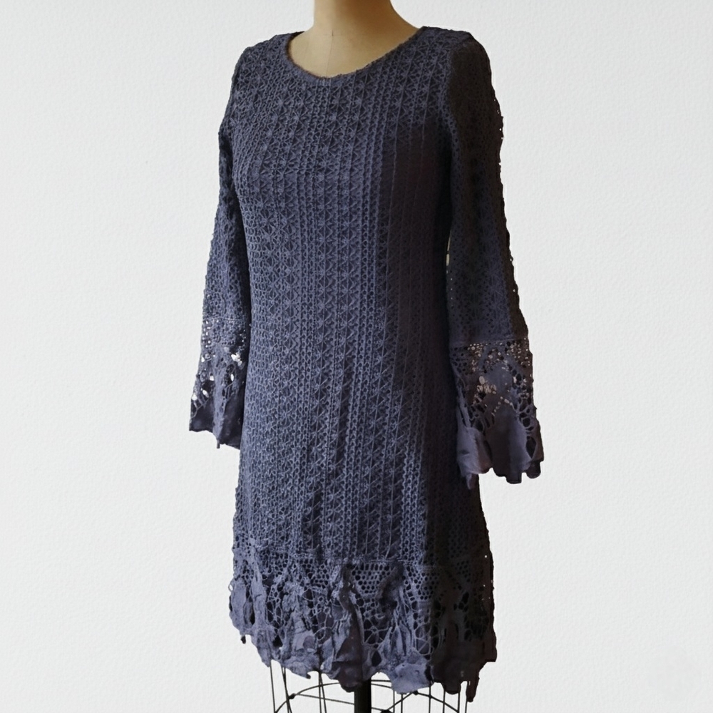 Mikarose Size S Dress Lydia Dusty Blue Crochet Overlay Lace Detail Fully Lined